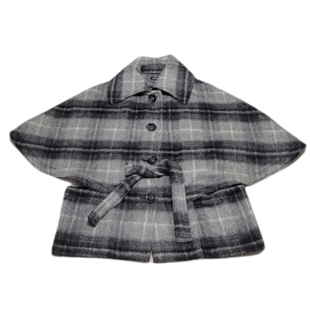 Talbots Grey Black Plaid Wool Blend Belted Pea Coat Size S/M